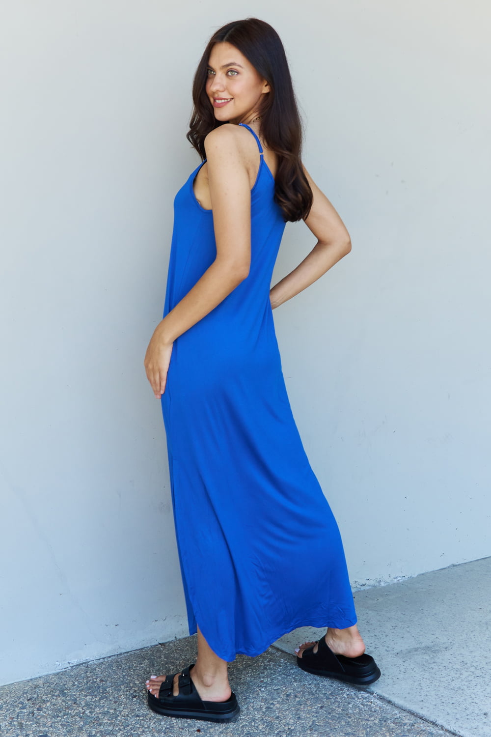 Good Energy Cami Side Slit Maxi Dress in Royal Blue-Modish Lily, Tecumseh Michigan