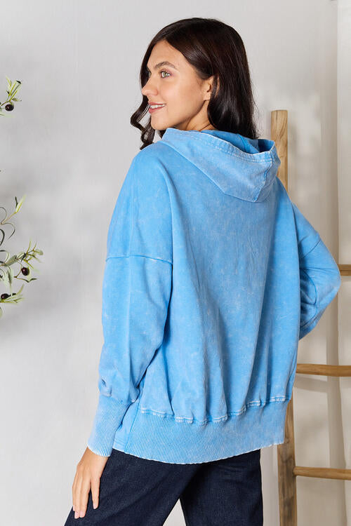 Sky Blue Half Snap Long Sleeve Hoodie with Pockets-Modish Lily, Tecumseh Michigan