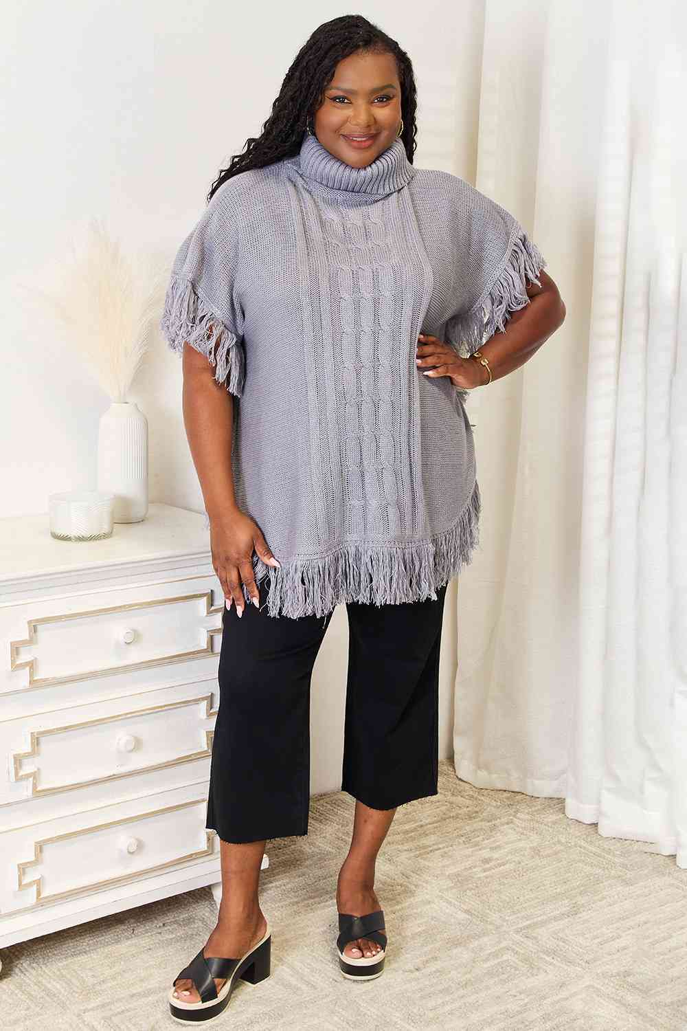 Grey Turtle Neck Fringe Poncho-Modish Lily, Tecumseh Michigan