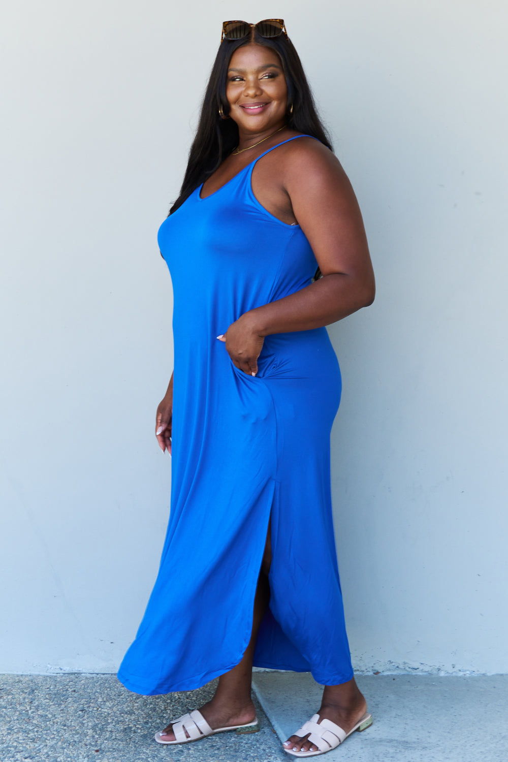 Good Energy Cami Side Slit Maxi Dress in Royal Blue-Modish Lily, Tecumseh Michigan