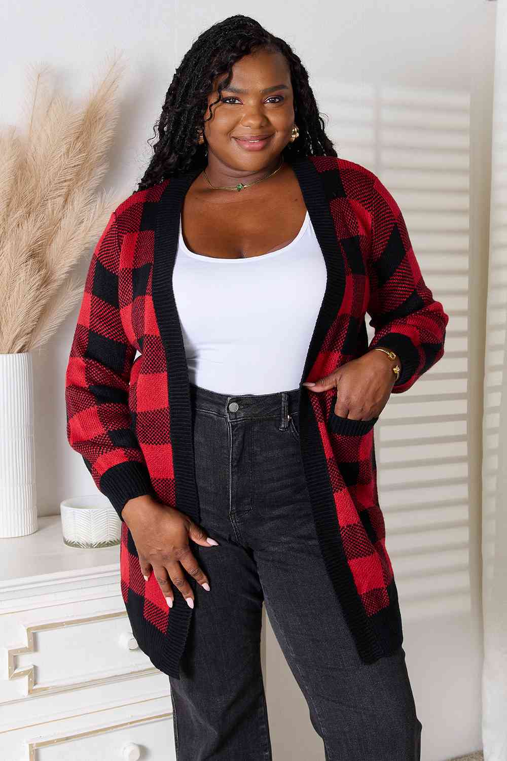 Deep Red Plaid Open Front Cardigan with Pockets-Modish Lily, Tecumseh Michigan