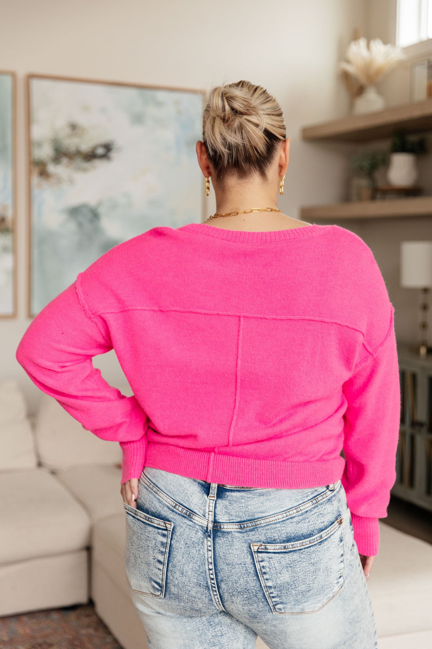 Back to Life V-Neck Sweater in Pink-Tops-Modish Lily, Tecumseh Michigan