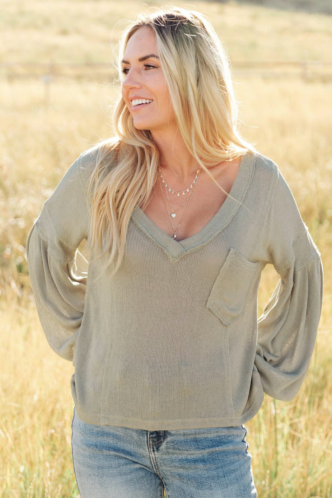 Bellissimo Draped V-Neck Sweater in Olive-Womens-Modish Lily, Tecumseh Michigan