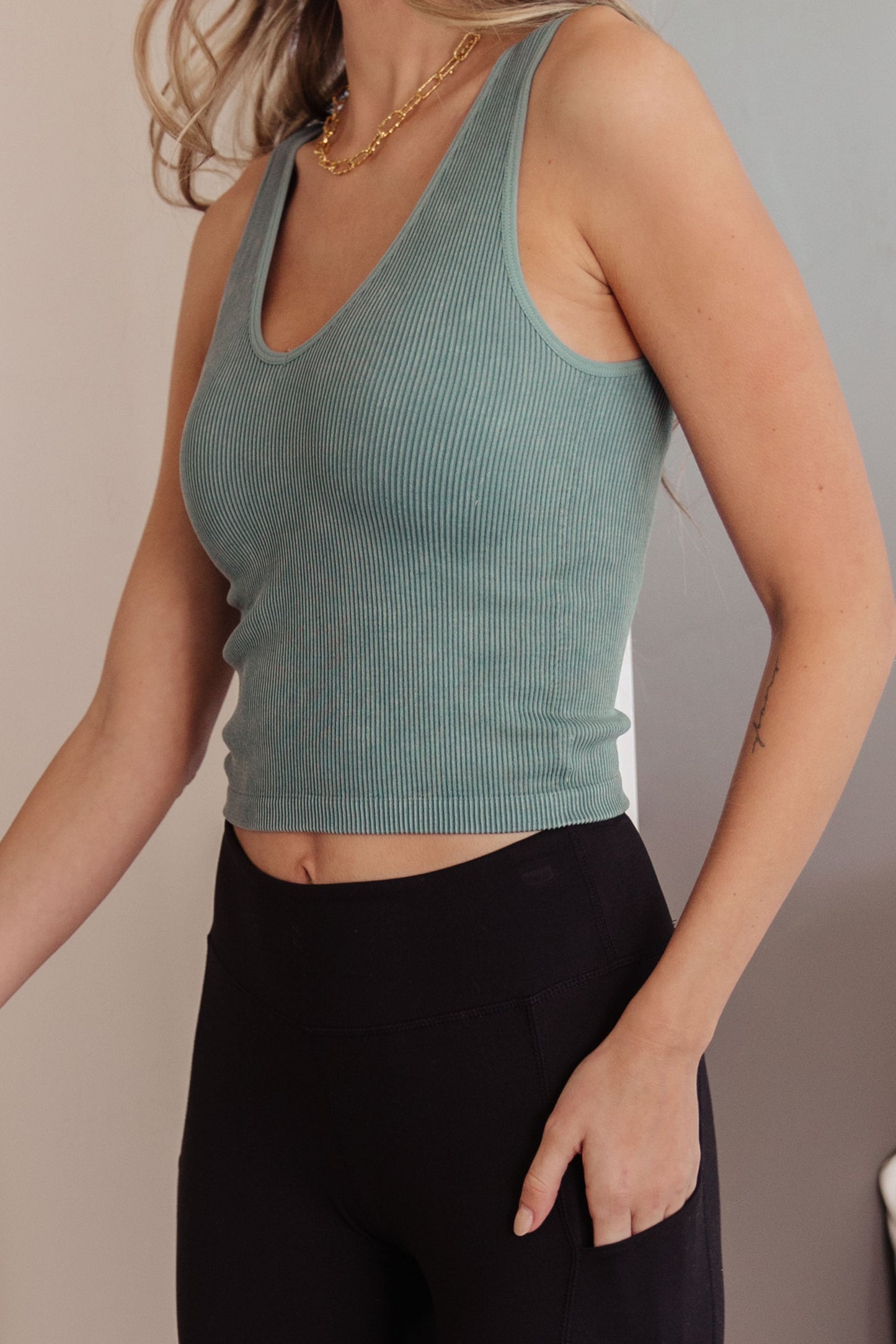 Fundamentals Ribbed Seamless Reversible Tank in Vintage Blue-Womens-Modish Lily, Tecumseh Michigan