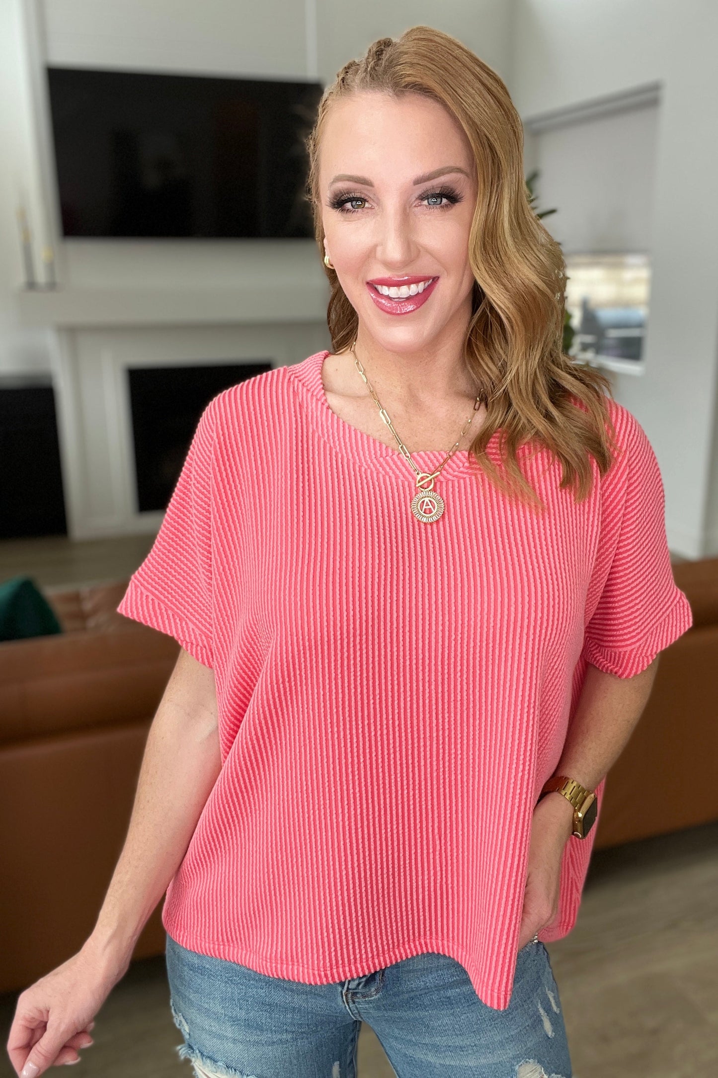 Textured Line Twisted Short Sleeve Top in Coral-Tops-Modish Lily, Tecumseh Michigan