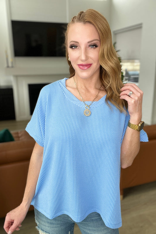 Textured Line Twisted Short Sleeve Top in Sky Blue-Tops-Modish Lily, Tecumseh Michigan