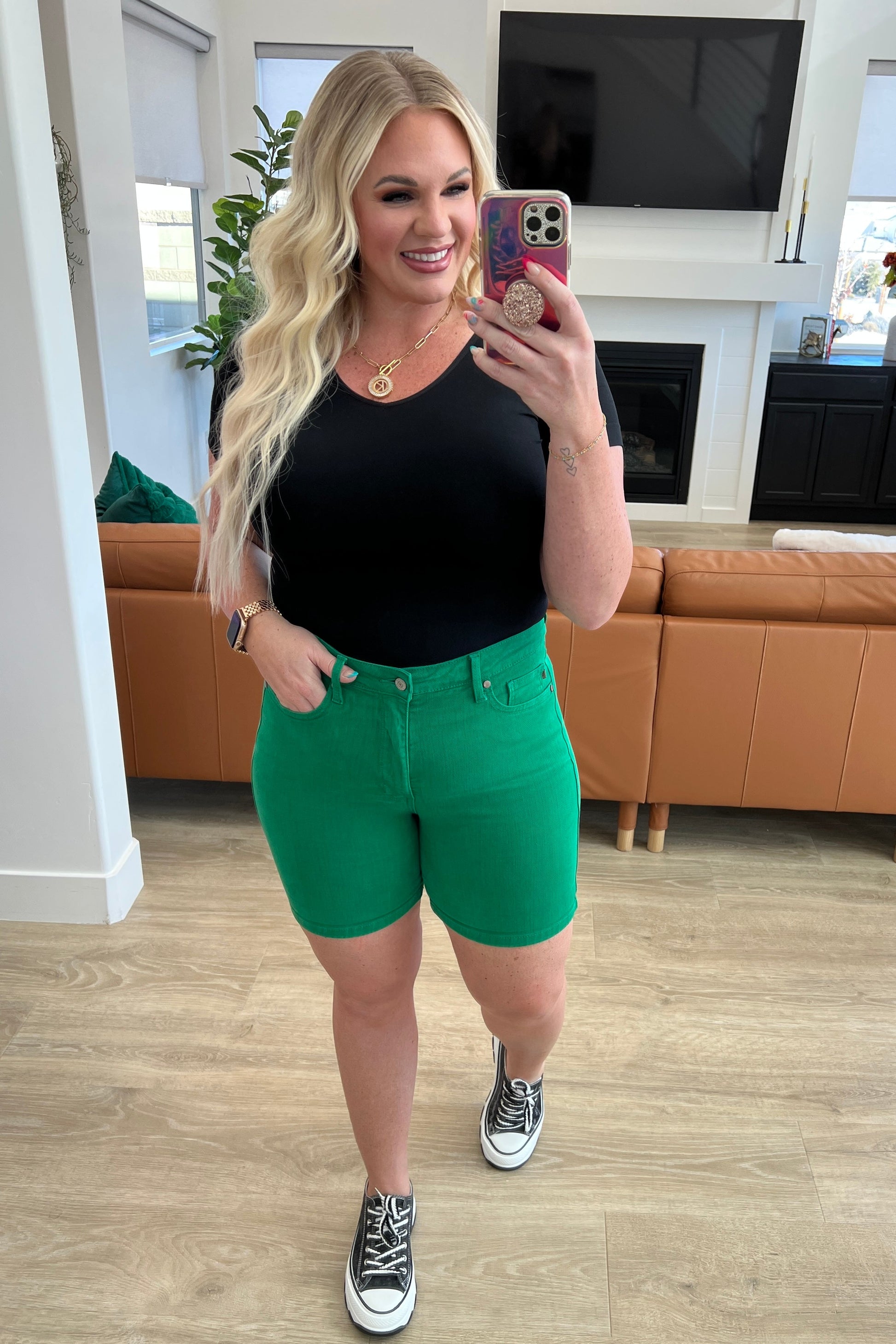 Jenna High Rise Control Top Cuffed Shorts in Green-Womens-Modish Lily, Tecumseh Michigan