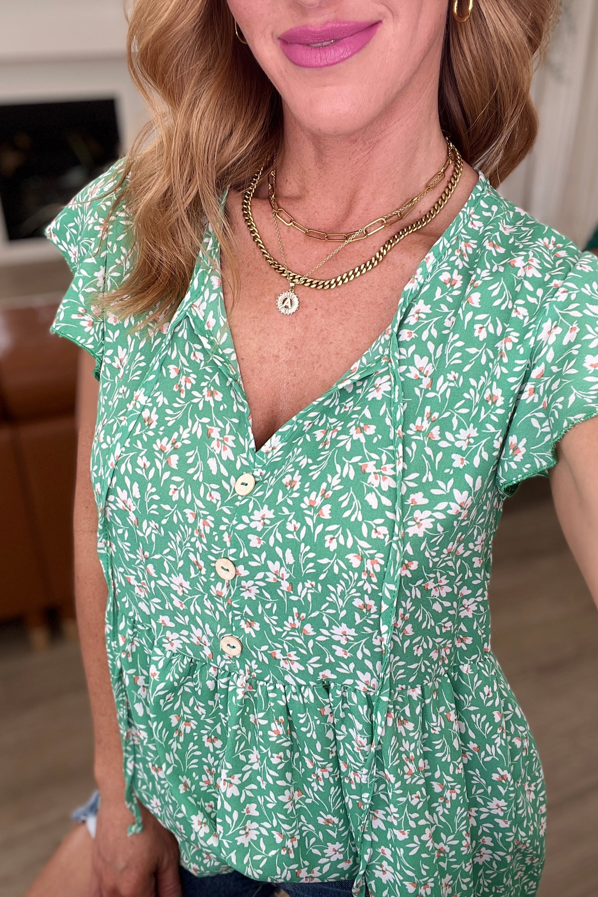 Flirty and Thriving Floral Flutter Sleeve Top in Green-Tops-Modish Lily, Tecumseh Michigan