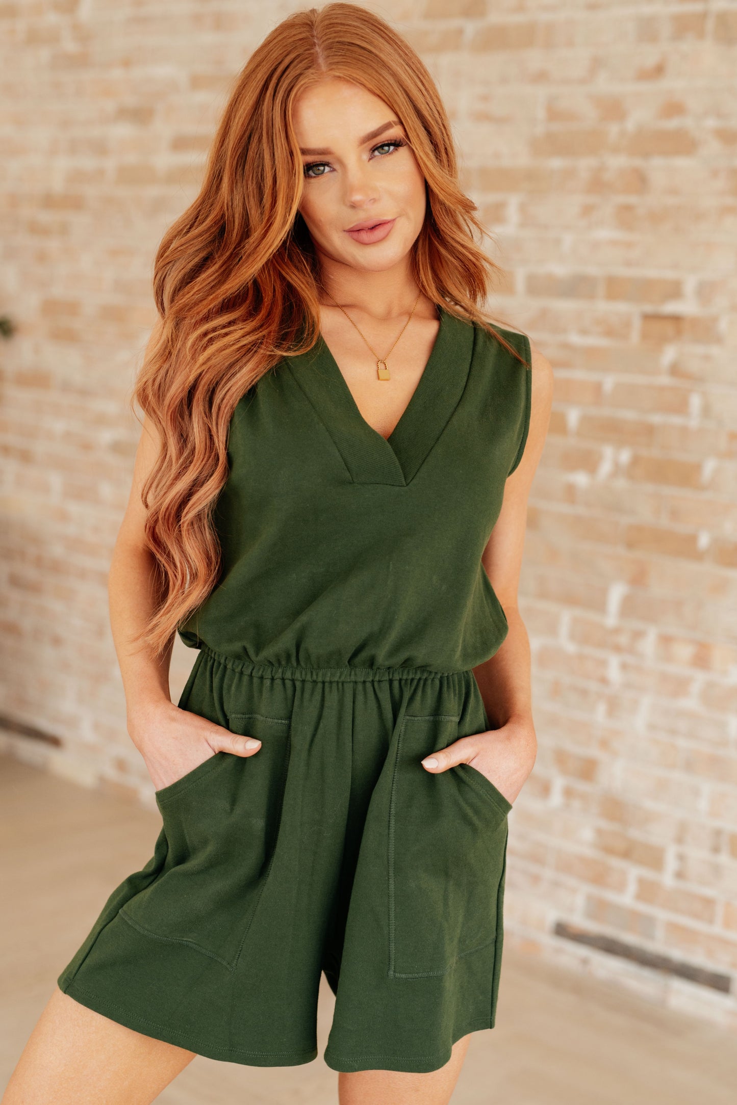 Sleeveless V-Neck Romper in Army Green-Jumpsuits & Rompers-Modish Lily, Tecumseh Michigan