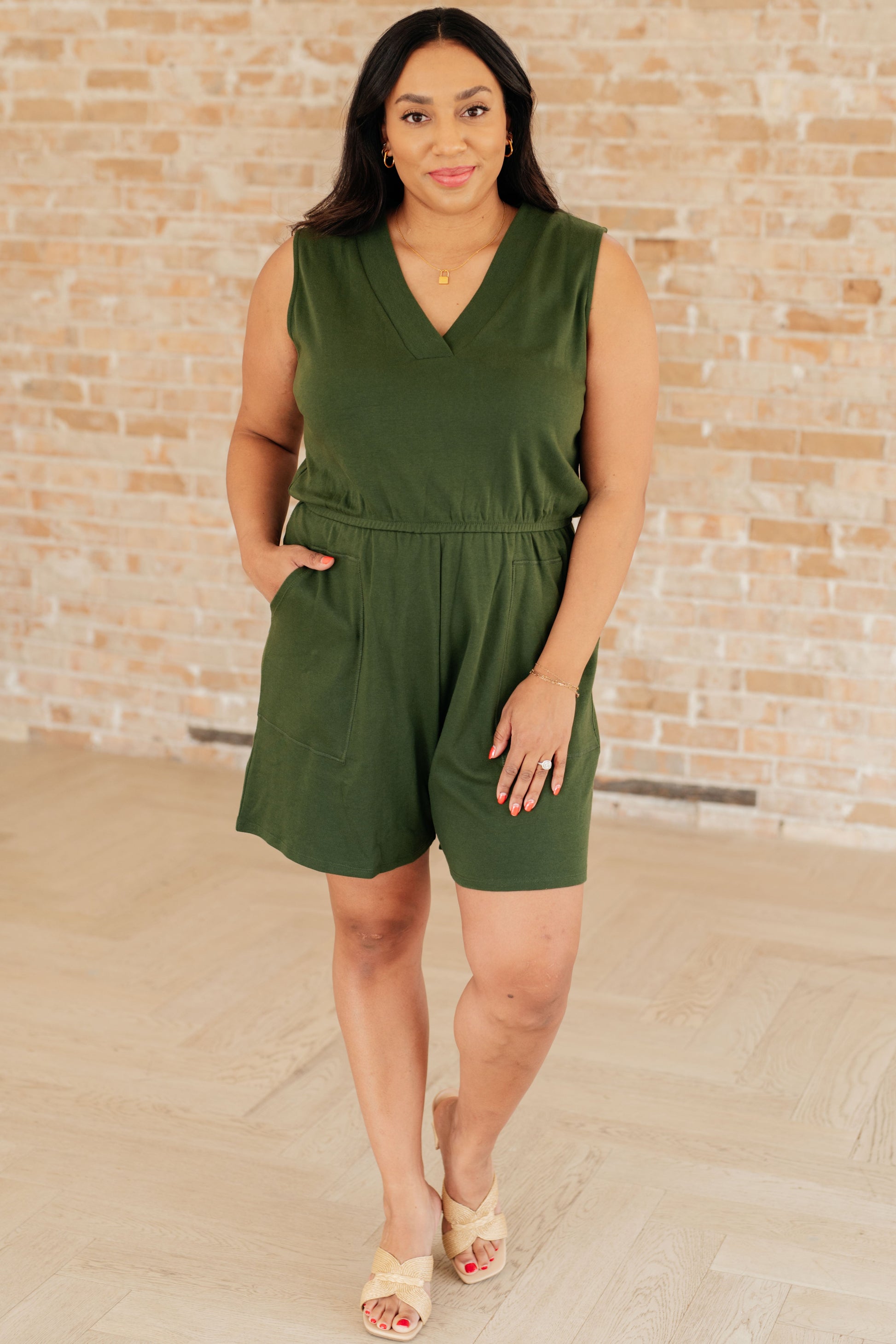 Sleeveless V-Neck Romper in Army Green-Jumpsuits & Rompers-Modish Lily, Tecumseh Michigan