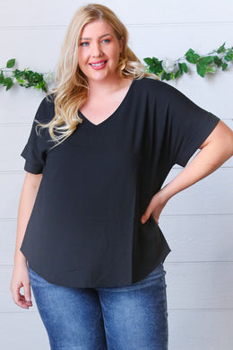 Black Woven Wool Dobby Rolled Sleeve V Neck Top-Modish Lily, Tecumseh Michigan