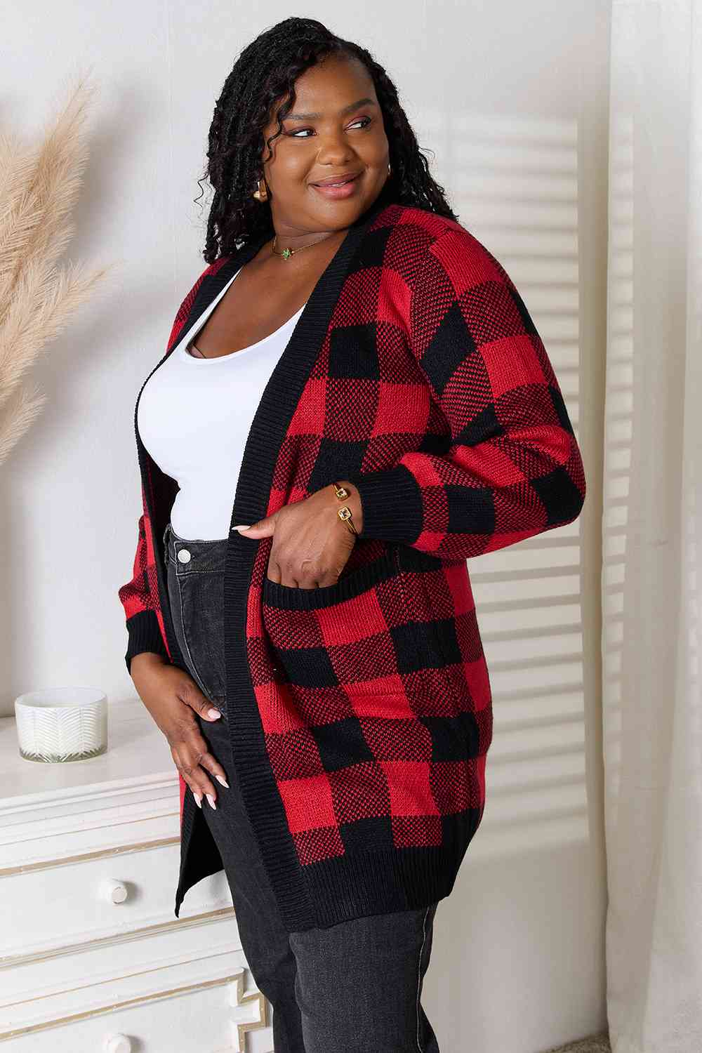 Deep Red Plaid Open Front Cardigan with Pockets-Modish Lily, Tecumseh Michigan