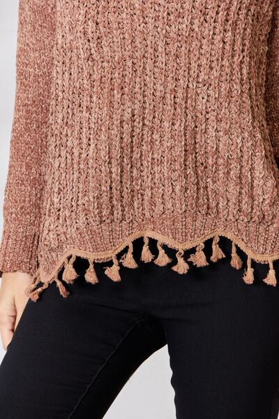 Mocha Latte Tassel Trim Long Sleeve Sweater-Modish Lily, Tecumseh Michigan