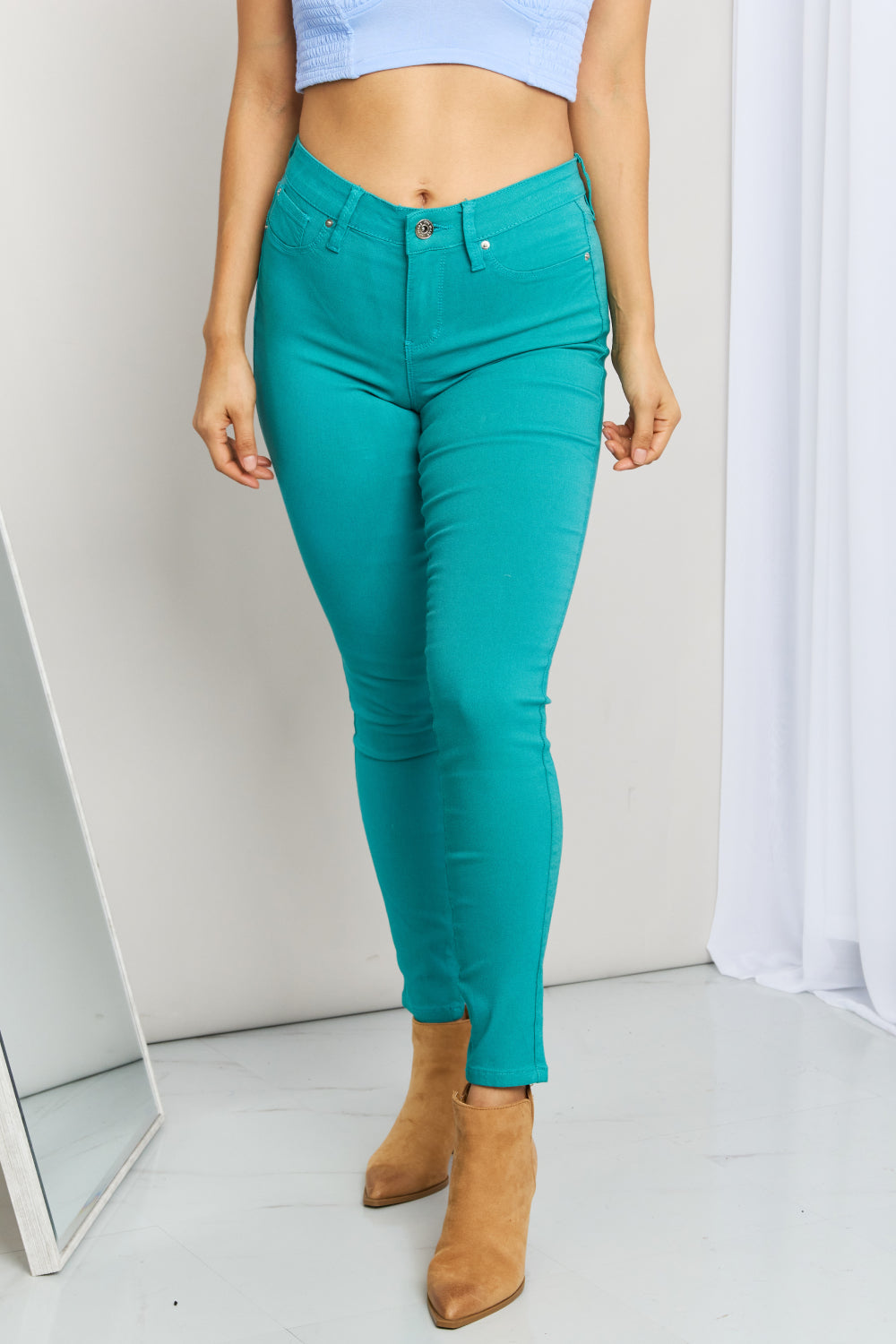 YMI Jeanswear Kate Hyper-Stretch Full Size Mid-Rise Skinny Jeans in Sea Green-Modish Lily, Tecumseh Michigan