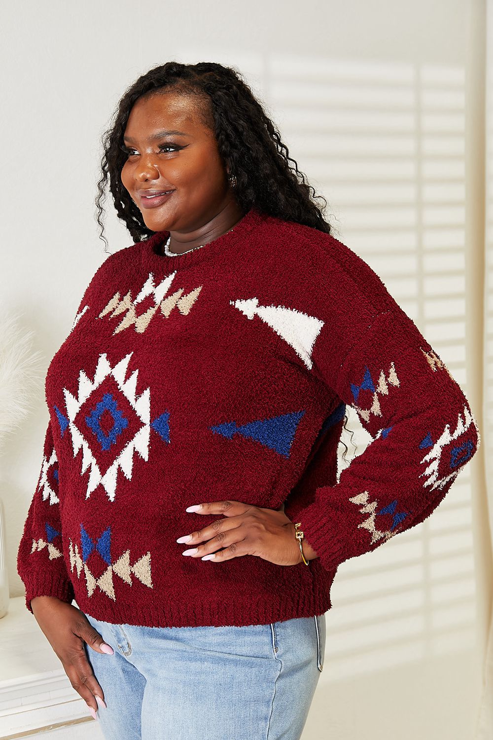 Wine Aztec Soft Fuzzy Sweater-Modish Lily, Tecumseh Michigan