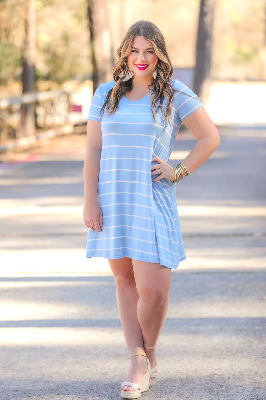 Abby Perfect V-Neck Striped Dress in Chambray-Womens-Modish Lily, Tecumseh Michigan