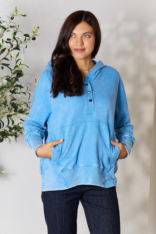 Sky Blue Half Snap Long Sleeve Hoodie with Pockets-Modish Lily, Tecumseh Michigan