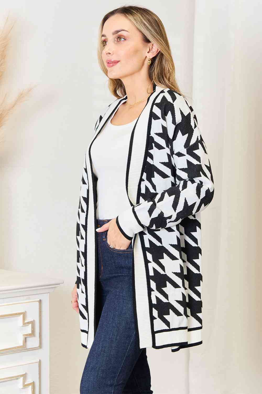 Houndstooth Open Front Longline Cardigan-Modish Lily, Tecumseh Michigan