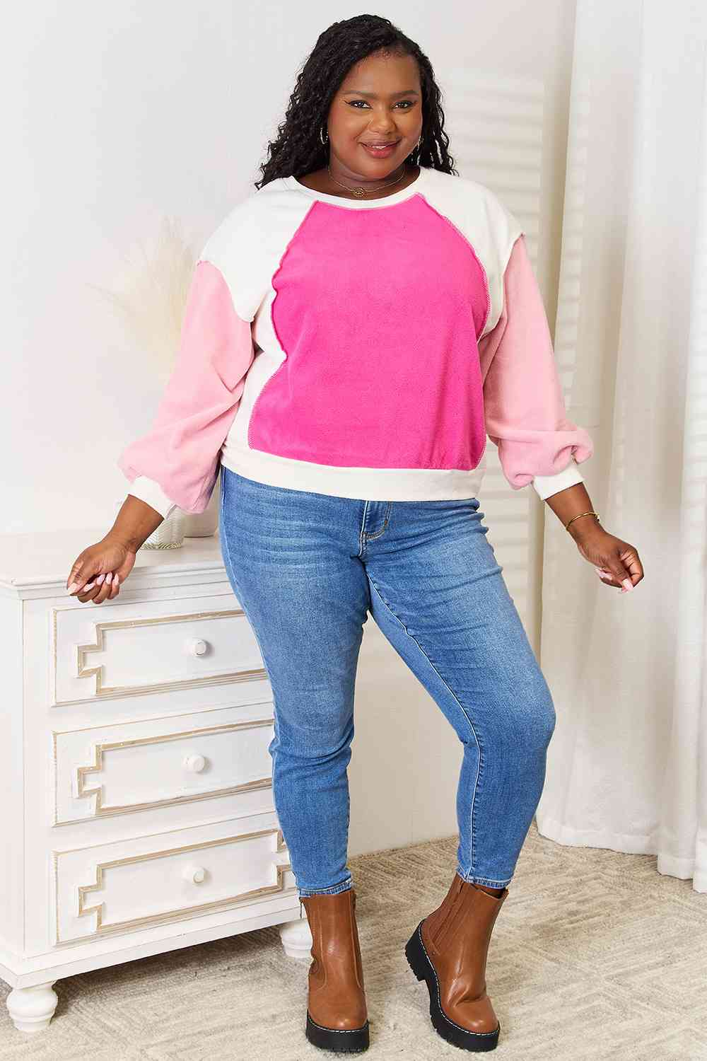 Pink Color Block Dropped Shoulder Sweatshirt-Modish Lily, Tecumseh Michigan