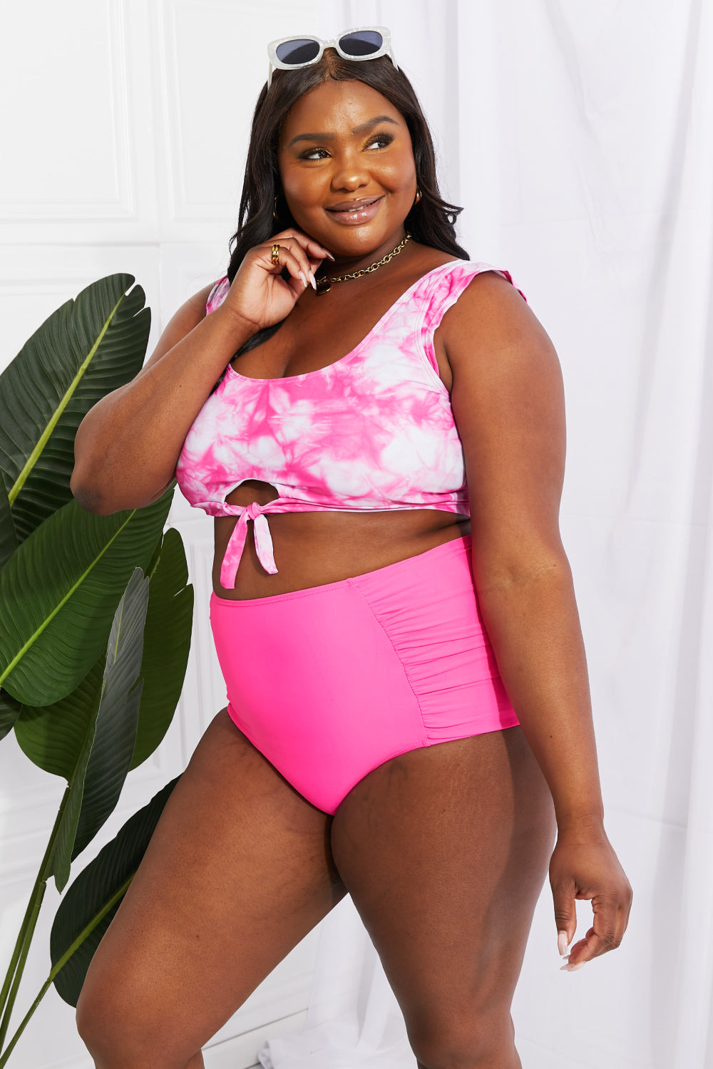 Marina West Swim Sanibel Crop Swim Top and Ruched Bottoms Set in Pink-Modish Lily, Tecumseh Michigan