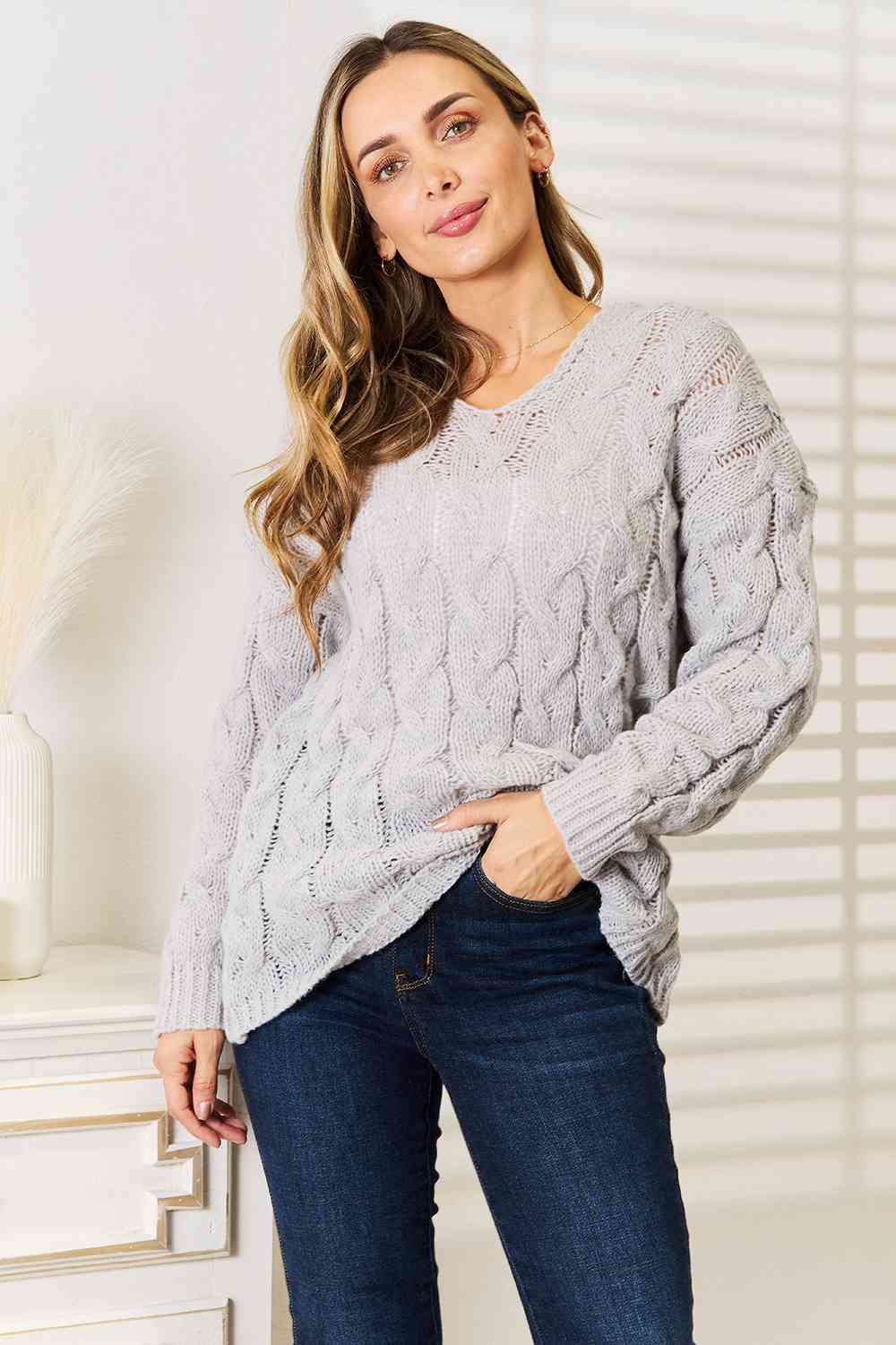 Light Grey Cable-Knit Hooded Sweater-Modish Lily, Tecumseh Michigan