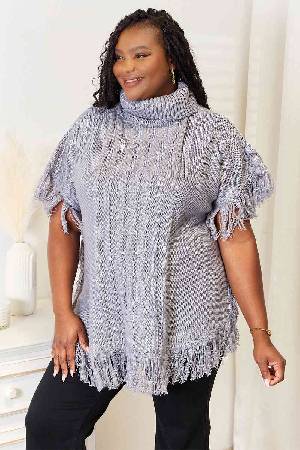 Grey Turtle Neck Fringe Poncho-Modish Lily, Tecumseh Michigan