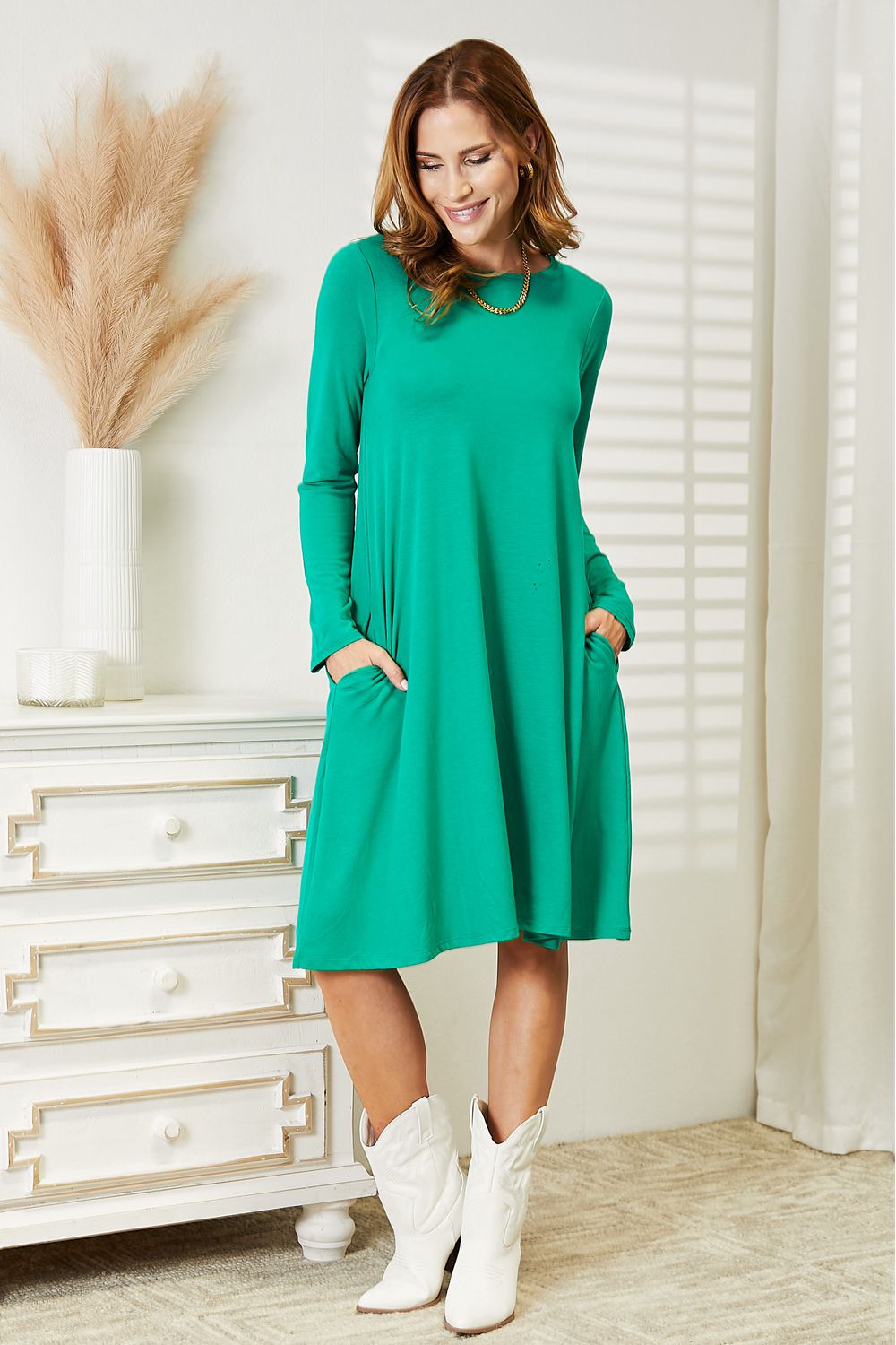 Teal Long Sleeve Flare Dress with Pockets-Modish Lily, Tecumseh Michigan