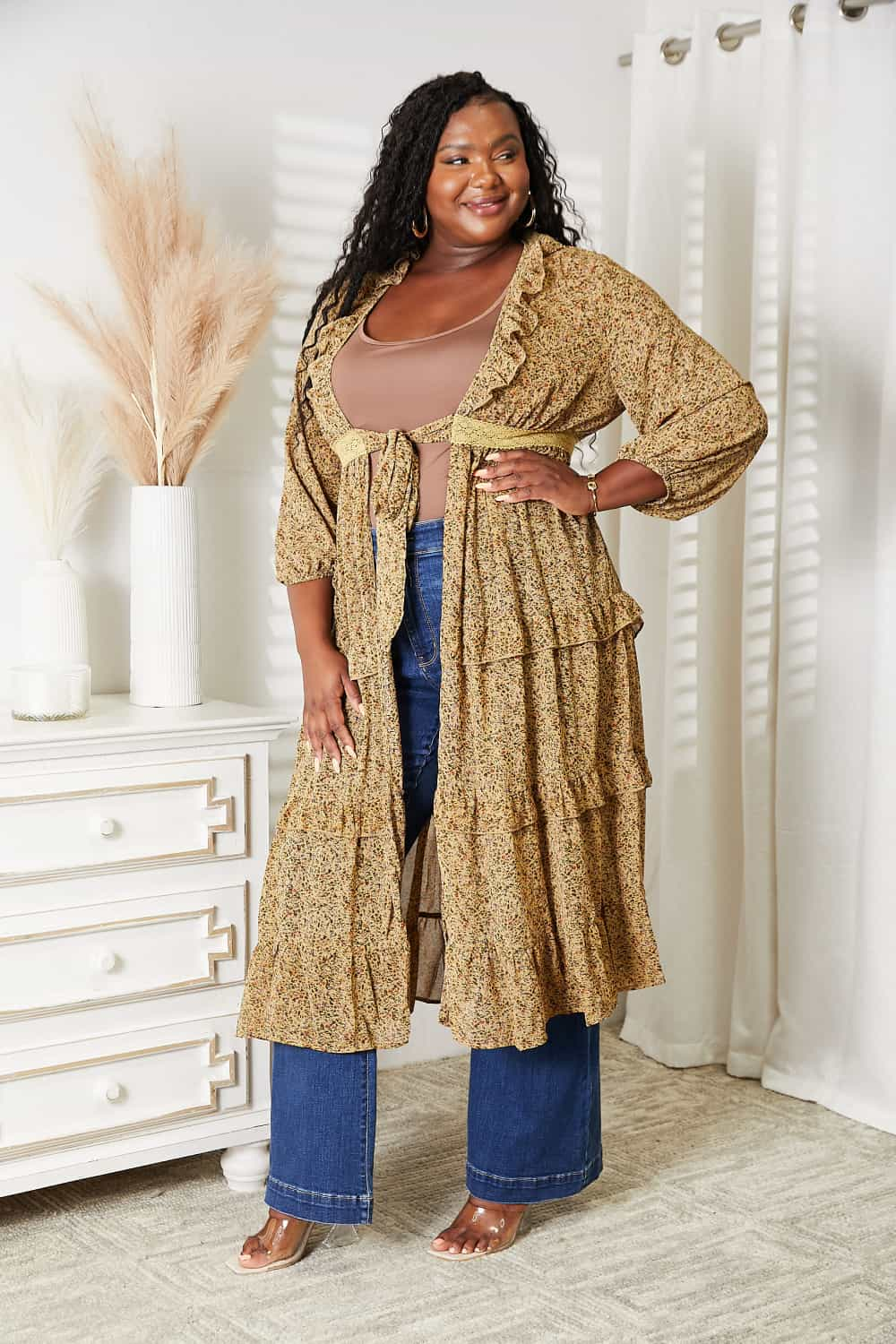 Honey Tie Front Ruffled Duster Cardigan-Modish Lily, Tecumseh Michigan