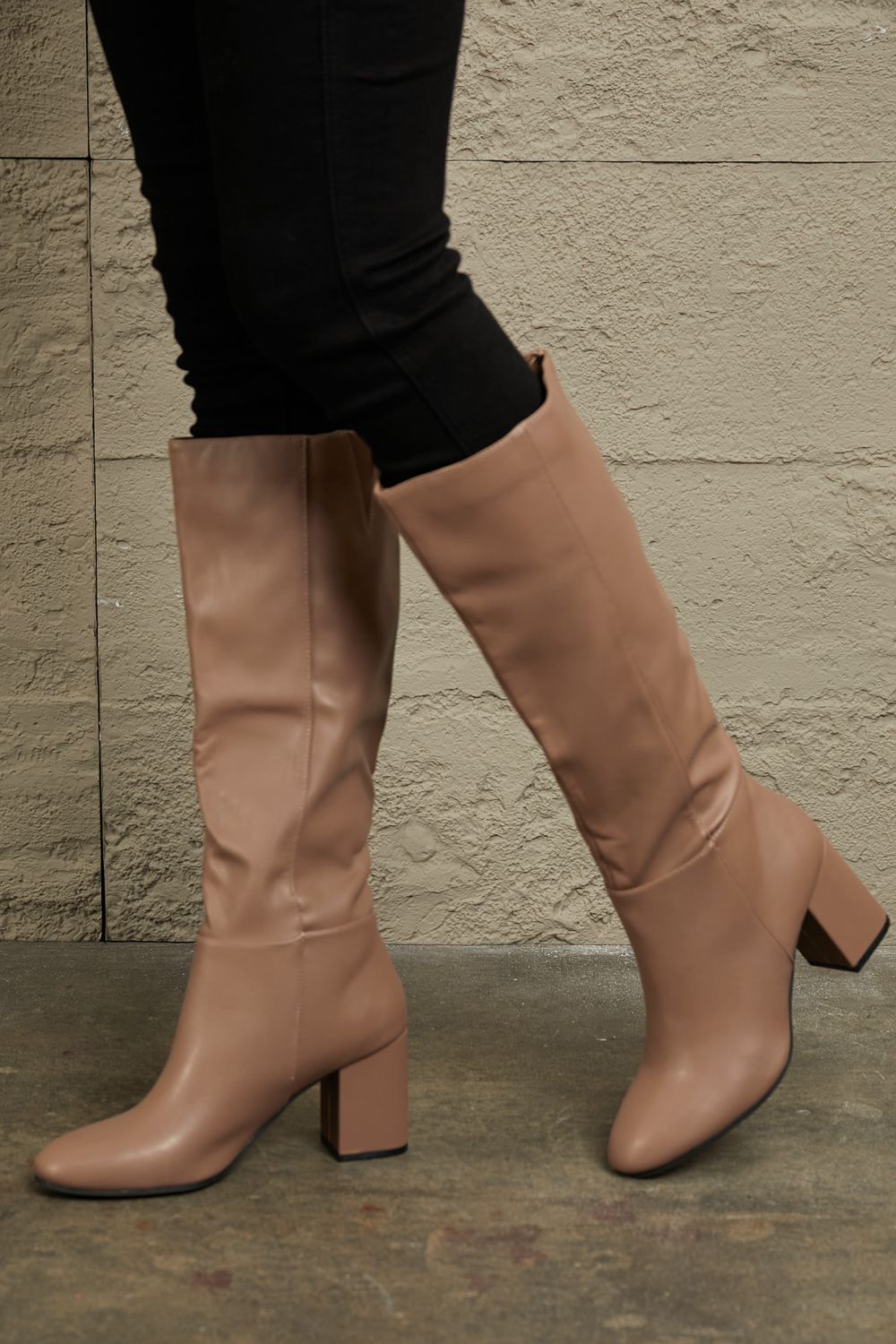 Mocha Block Heel Knee High Boots-Modish Lily, Tecumseh Michigan