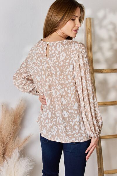 Taupe Embroidered Printed Balloon Sleeve Blouse-Modish Lily, Tecumseh Michigan
