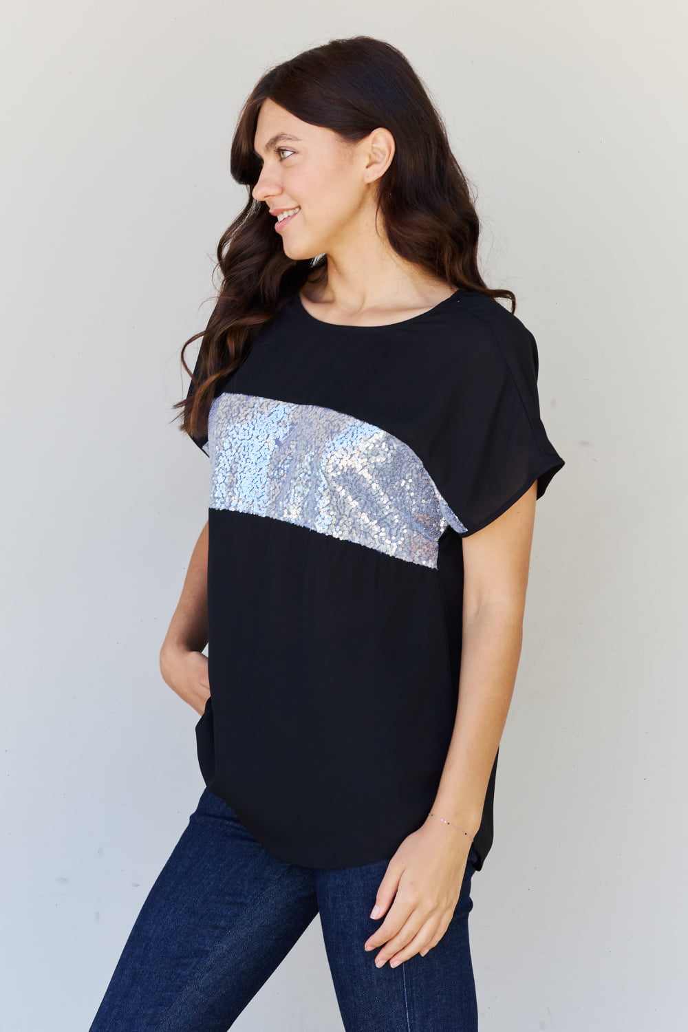 Shine Bright Center Mesh Sequin Top in Black/Silver-Modish Lily, Tecumseh Michigan