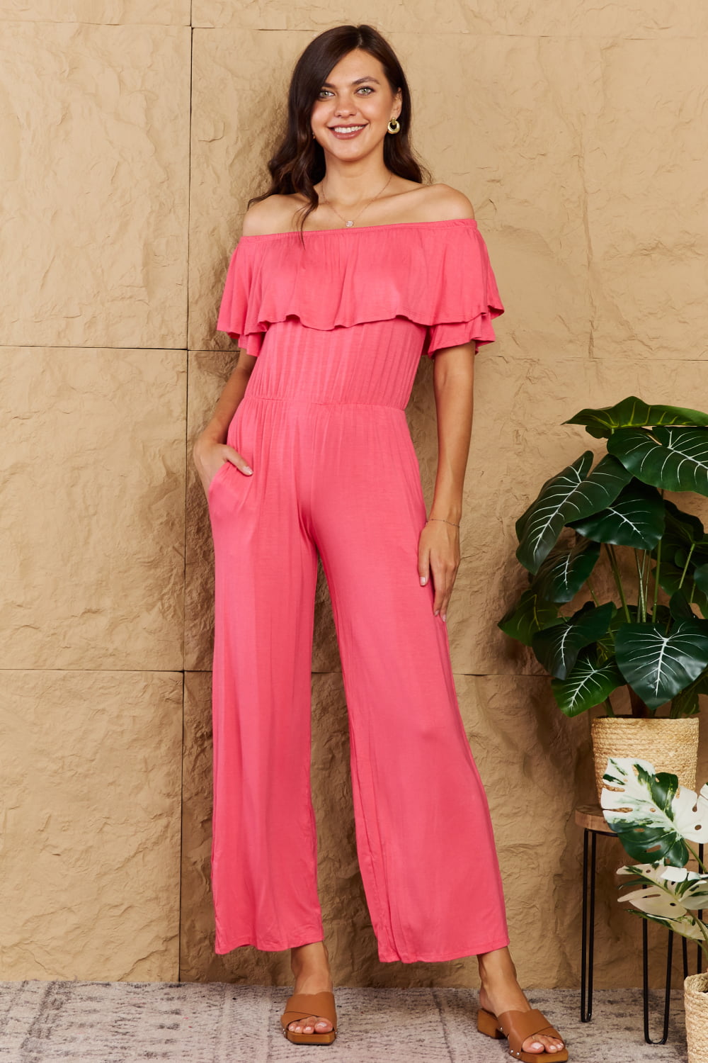 My Favorite Full Size Off-Shoulder Jumpsuit with Pockets-Modish Lily, Tecumseh Michigan