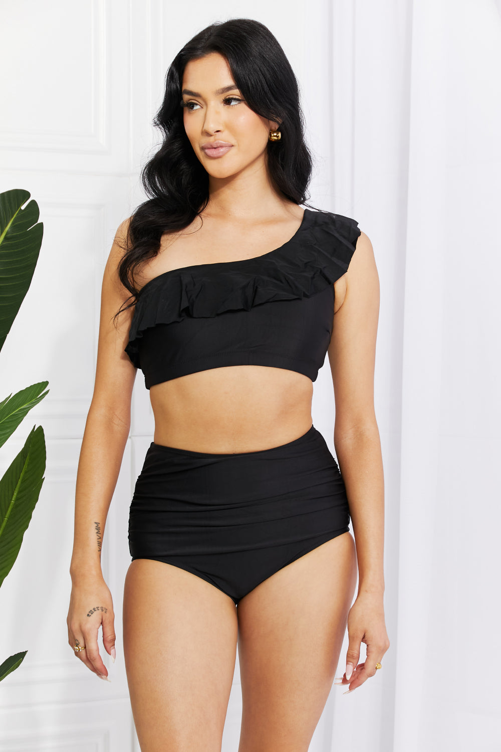 Marina West Swim Seaside Romance Ruffle One-Shoulder Bikini in Black-Modish Lily, Tecumseh Michigan