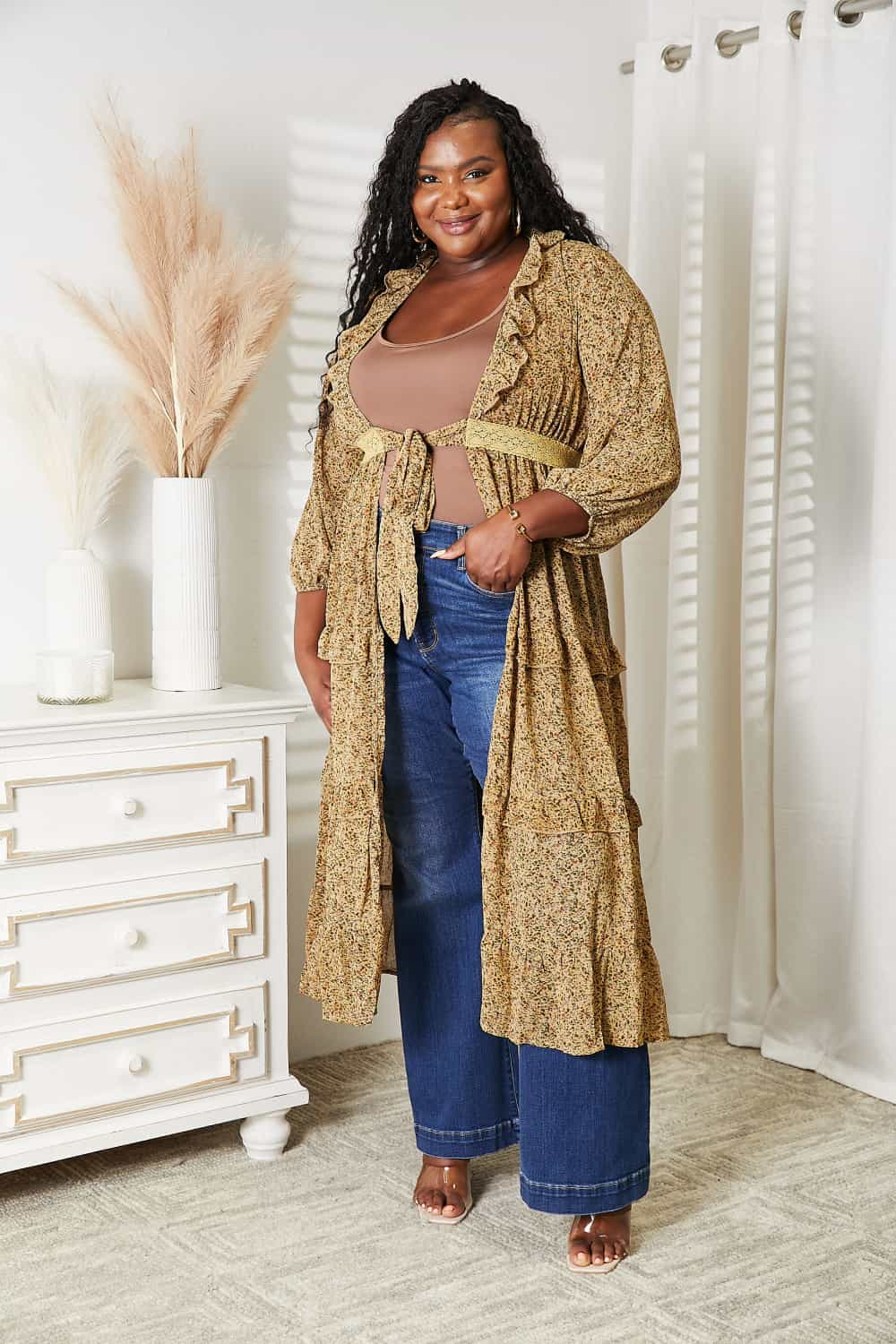 Honey Tie Front Ruffled Duster Cardigan-Modish Lily, Tecumseh Michigan