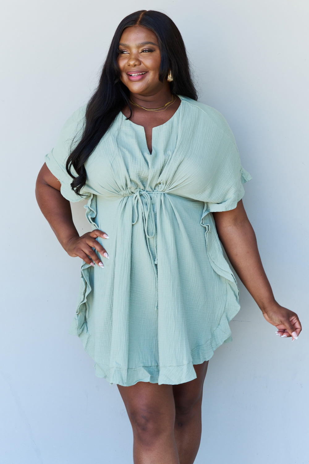 Out Of Time Ruffle Hem Dress with Drawstring Waistband in Light Sage-Modish Lily, Tecumseh Michigan