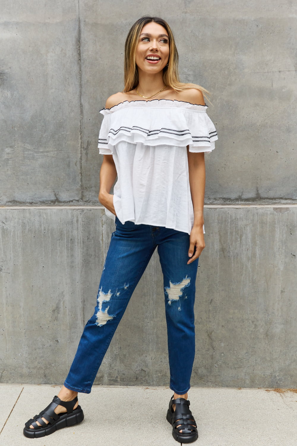 Off The Shoulder Ruffle Blouse-Modish Lily, Tecumseh Michigan