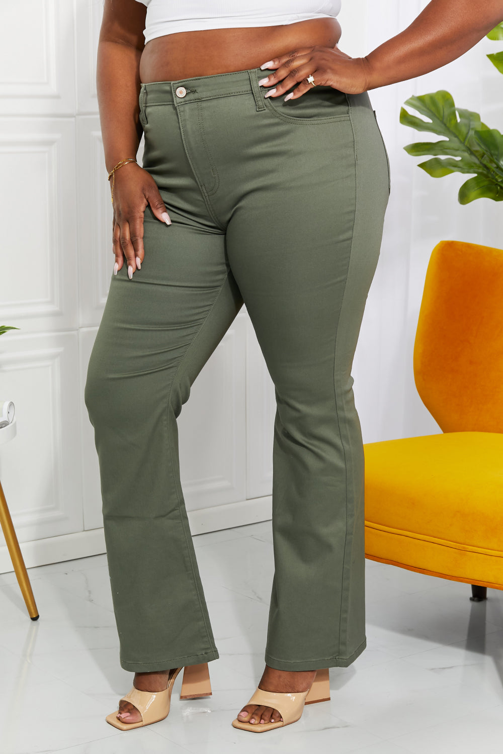 Clementine High-Rise Bootcut Jeans in Olive-Modish Lily, Tecumseh Michigan