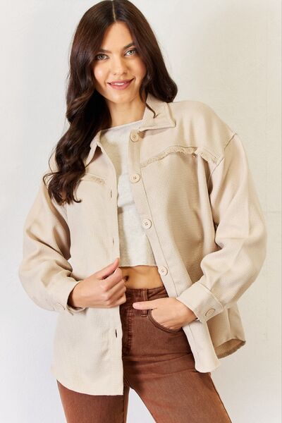 Beige Texture Button Down Fray Detail Shacket-Modish Lily, Tecumseh Michigan