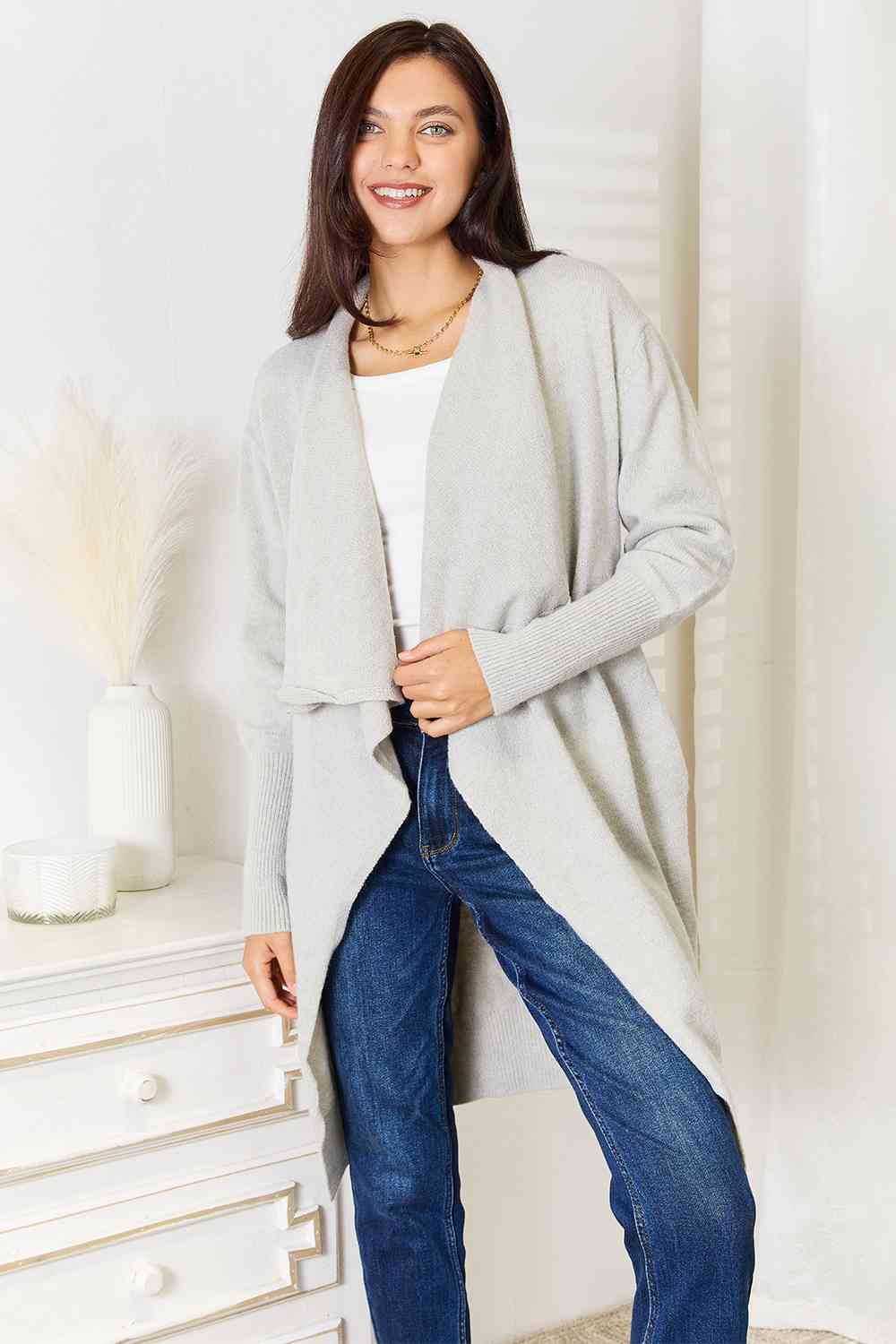Light Grey Open Front Duster Cardigan with Pockets-Modish Lily, Tecumseh Michigan