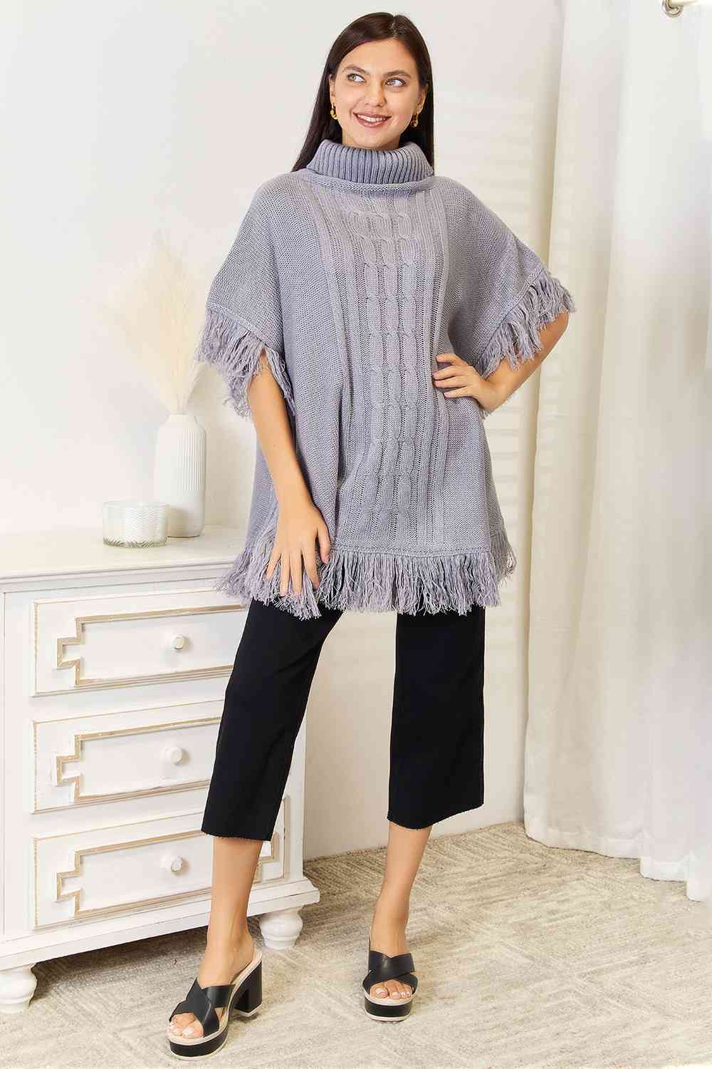 Grey Turtle Neck Fringe Poncho-Modish Lily, Tecumseh Michigan