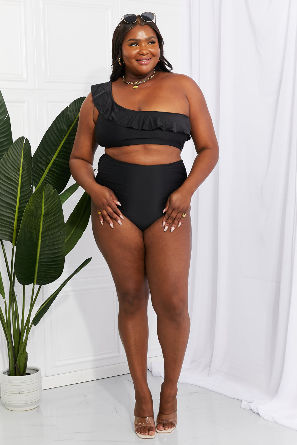 Marina West Swim Seaside Romance Ruffle One-Shoulder Bikini in Black-Modish Lily, Tecumseh Michigan