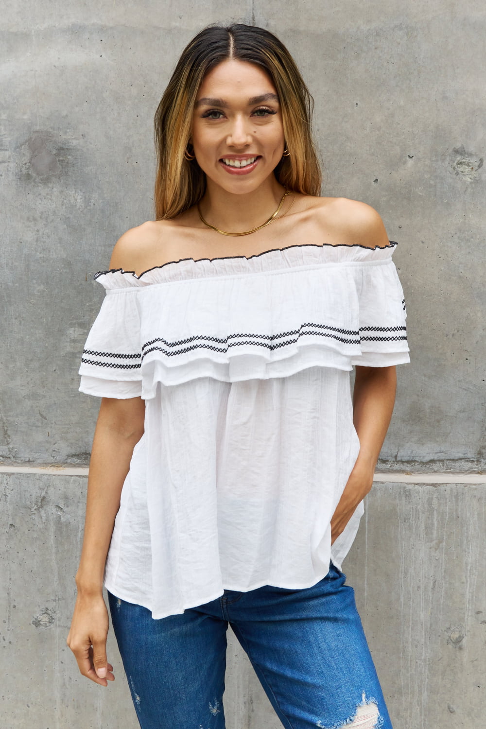 Off The Shoulder Ruffle Blouse-Modish Lily, Tecumseh Michigan