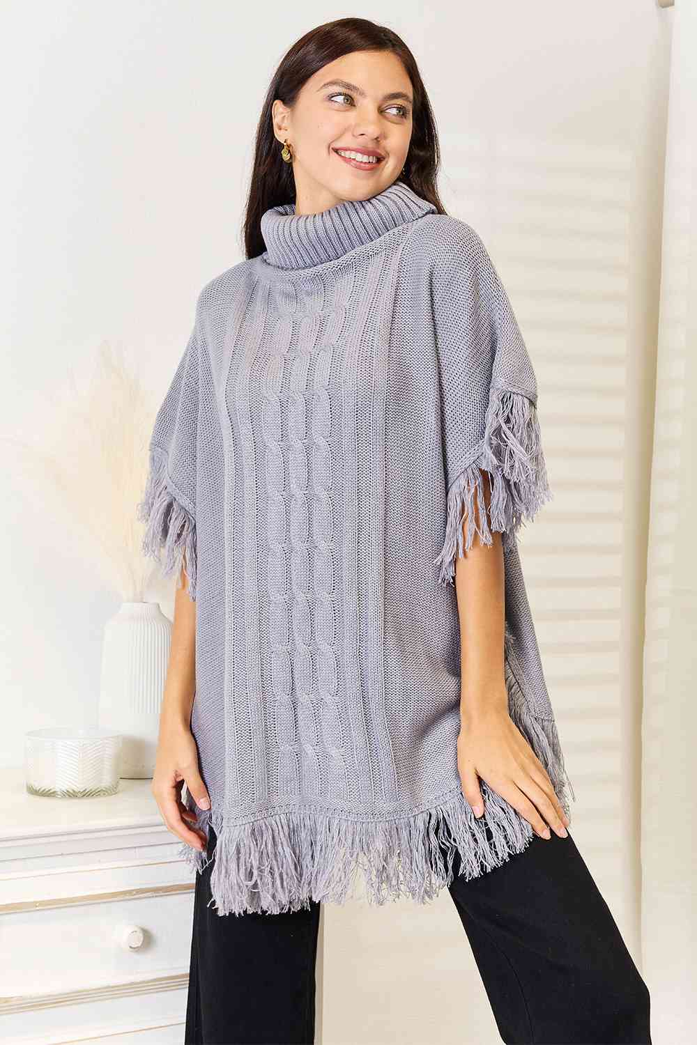 Grey Turtle Neck Fringe Poncho-Modish Lily, Tecumseh Michigan