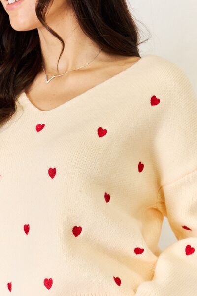 Beige Hearts Pattern V-Neck Sweater-Modish Lily, Tecumseh Michigan
