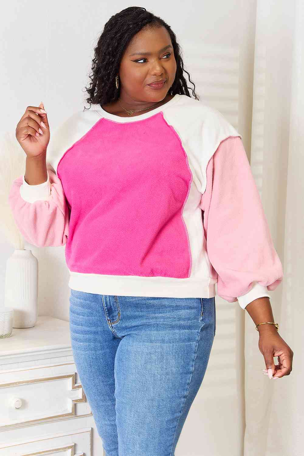 Pink Color Block Dropped Shoulder Sweatshirt-Modish Lily, Tecumseh Michigan