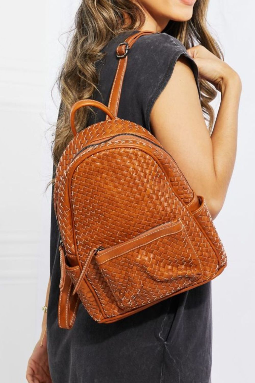 Certainly Chic Faux Leather Woven Backpack-Modish Lily, Tecumseh Michigan