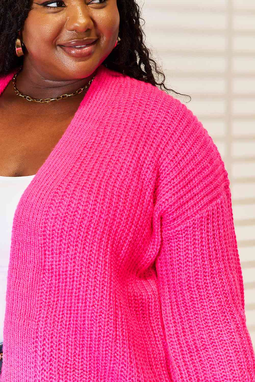 Hot Pink Rib-Knit Open Front Drop Shoulder Cardigan-Modish Lily, Tecumseh Michigan