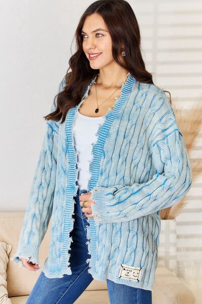 Powder Blue Cable-Knit Open Front Sweater Cardigan-Modish Lily, Tecumseh Michigan