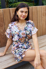 Load image into Gallery viewer, Black/Pink Floral Tie Belt Ruffled Romper-Modish Lily, Tecumseh Michigan
