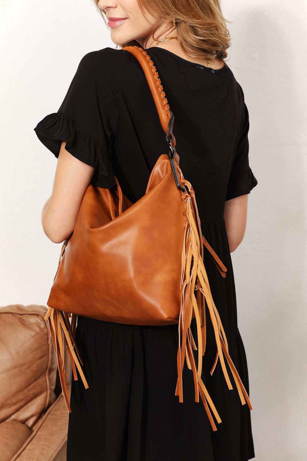 Leather Fringe Detail Shoulder Bag-Modish Lily, Tecumseh Michigan